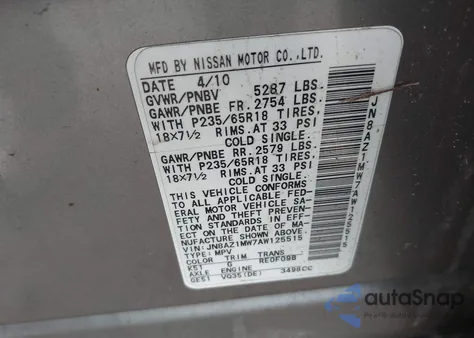 2010 Nissan Murano S из США, поврежденный, VIN JN8AZ1MW7AW125515